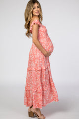 Pink Floral Ruffle Smocked Maternity Maxi Dress