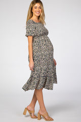 Navy Floral Ruffle Maternity Midi Dress
