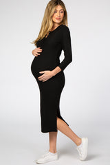 Black 3/4 Sleeve Maternity Midi Dress