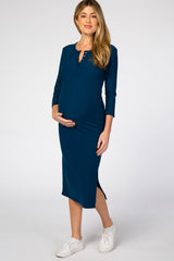 Teal 3/4 Sleeve Maternity Midi Dress