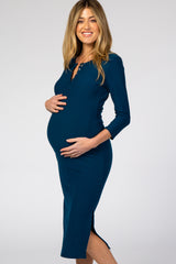 Teal 3/4 Sleeve Maternity Midi Dress