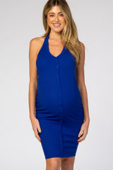 Royal Blue Ribbed Halter Maternity Midi Dress