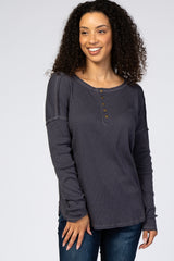 Charcoal Ribbed Button Front Round Hem Top
