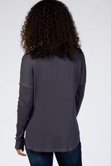 Charcoal Ribbed Button Front Round Hem Top