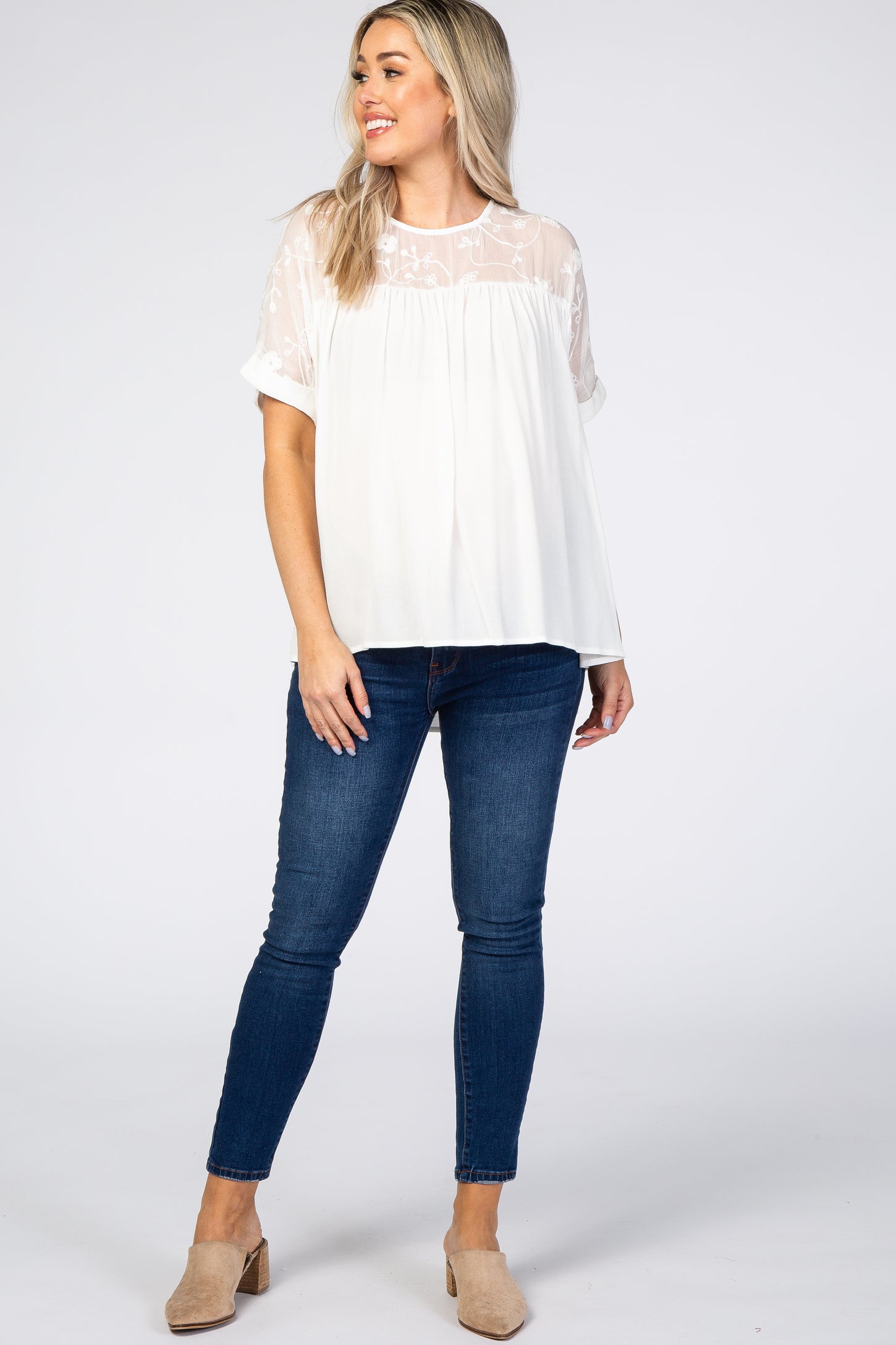 White Floral Embroidered Maternity Blouse