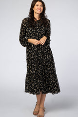 Black Floral Chiffon Tiered Midi Dress