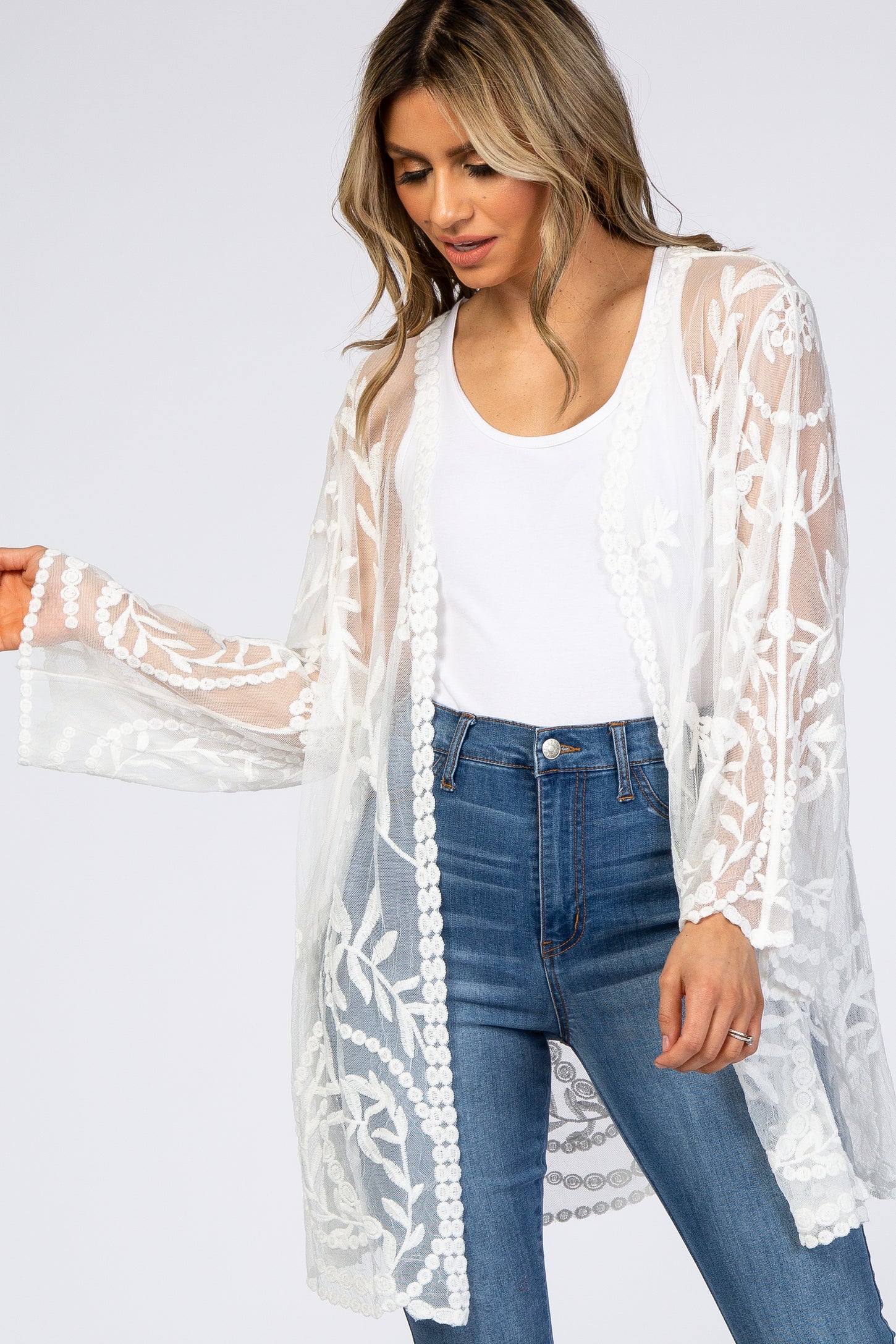 White Lace Mesh Long Sleeve Cover Up