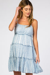 Light Blue Floral Shoulder Tie Ruffle Tiered Maternity Dress