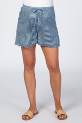 Navy Blue Striped Fringe Hem Drawstring Maternity Shorts