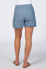 Navy Blue Striped Fringe Hem Drawstring Maternity Shorts