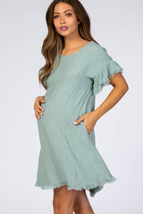 Mint Green Frayed Trim Back Keyhole Linen Maternity Dress