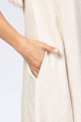 Cream Frayed Trim Back Keyhole Linen Dress