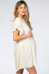 Cream Frayed Trim Back Keyhole Linen Maternity Dress