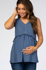 Blue Waffle Knit Peplum Sleeveless Maternity Top