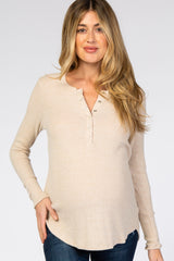 Beige Brushed Knit Ribbed Maternity Top