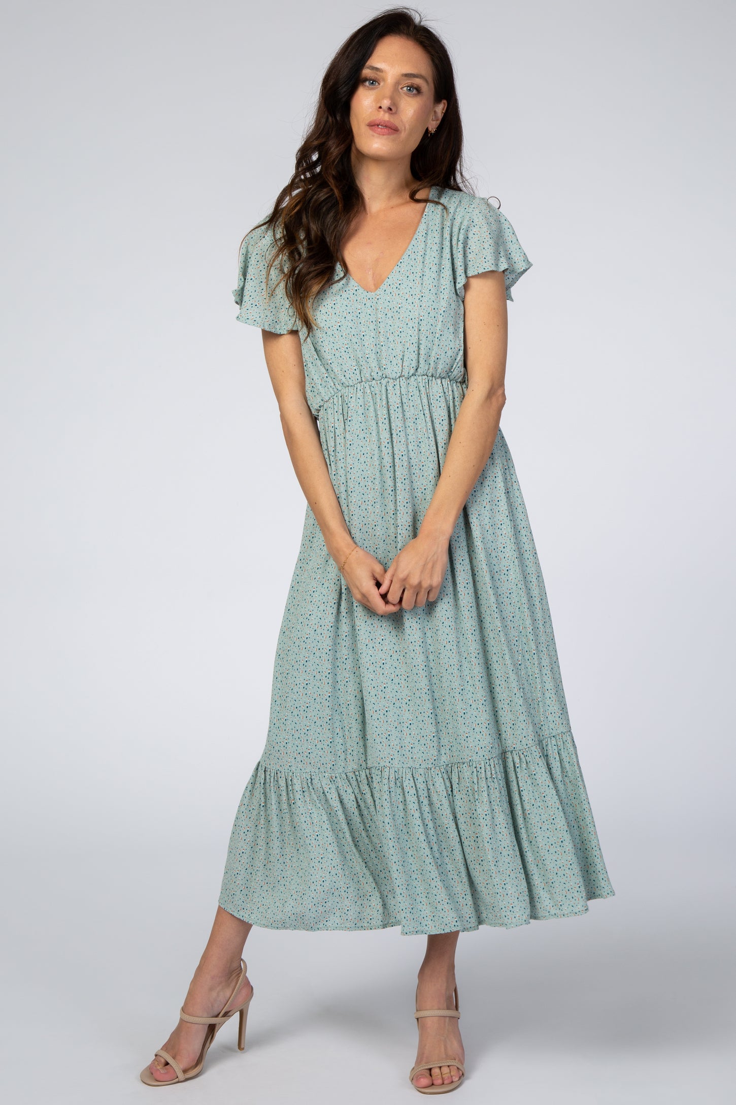 Mint Dot Print Ruffle Maternity Midi Dress Small