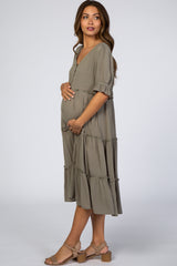 Light Olive Button Tiered Maternity Dress