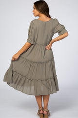 Light Olive Button Tiered Maternity Dress