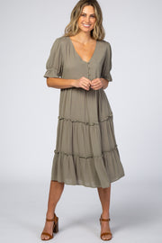 Light Olive Button Tiered Dress