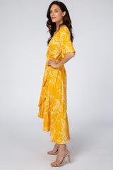 Yellow Leaf Print Hi-Low Wrap Midi Dress