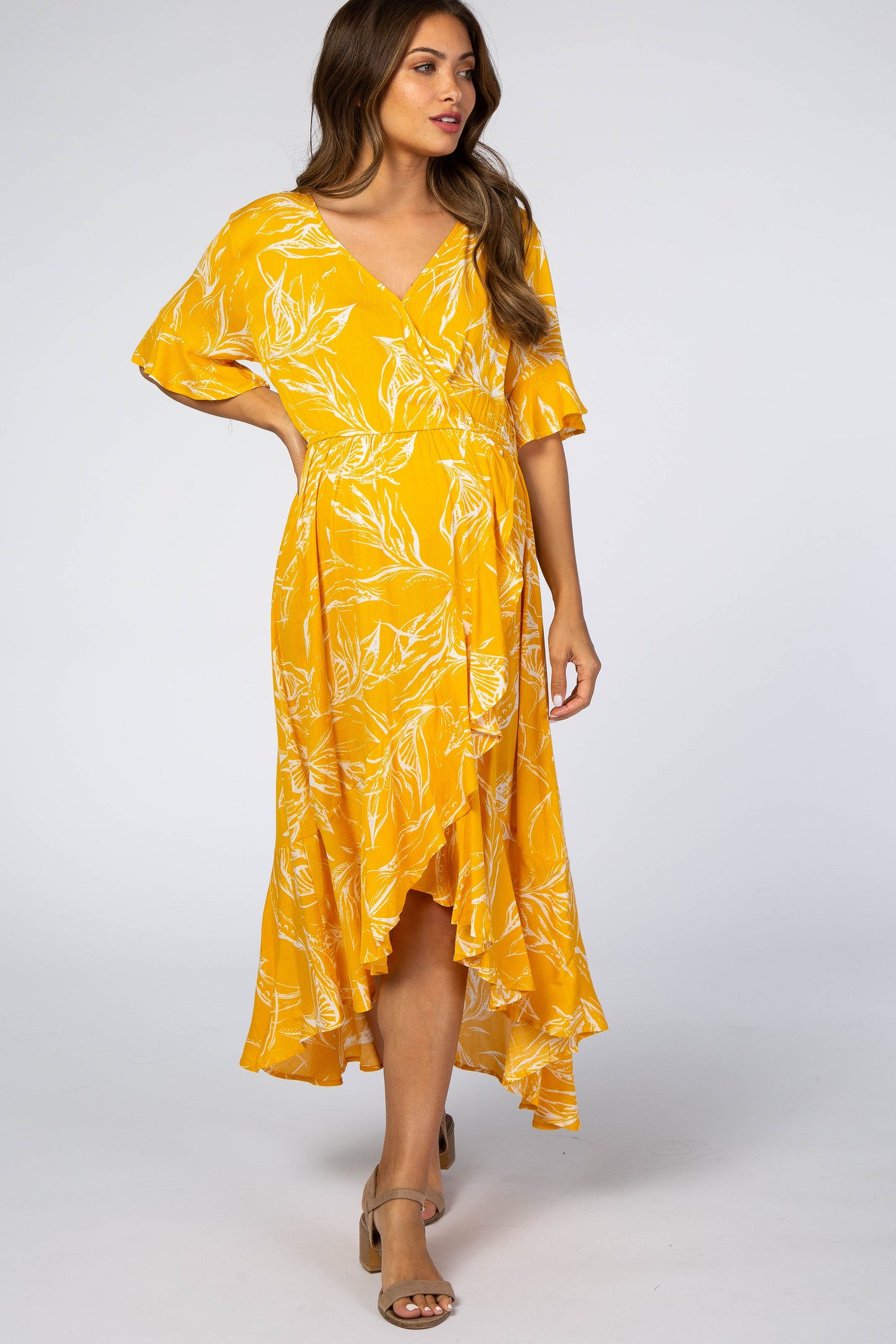 Yellow Leaf Print Hi-Low Wrap Maternity Midi Dress