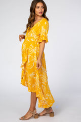 Yellow Leaf Print Hi-Low Wrap Maternity Midi Dress