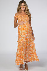 Orange Floral Ruffle Smocked Maternity Maxi Dress