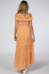 Orange Floral Ruffle Smocked Maternity Maxi Dress