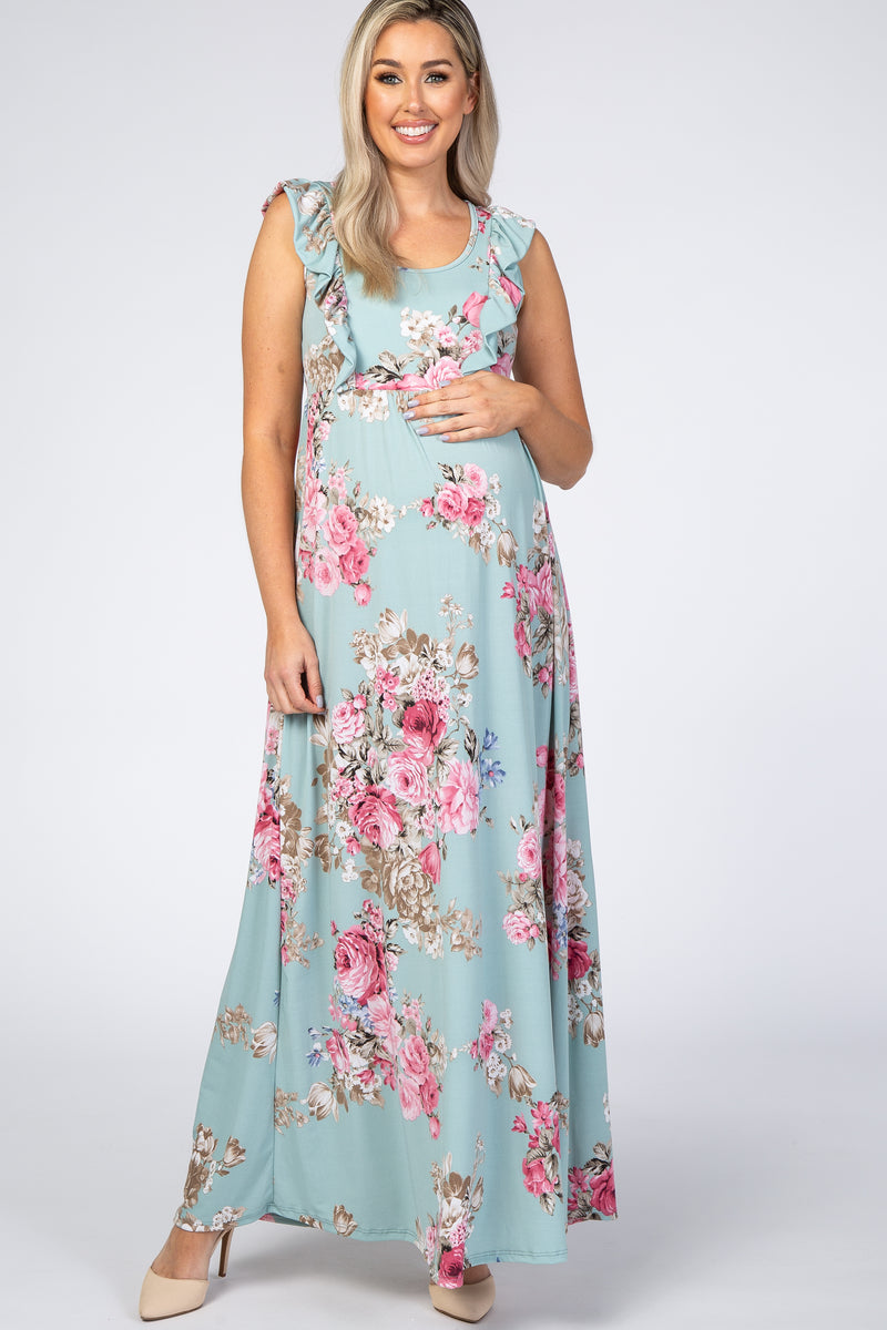 Light Olive Floral Ruffle Accent Maternity Maxi Dress– PinkBlush