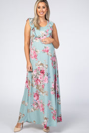 Light Olive Floral Ruffle Accent Maternity Maxi Dress