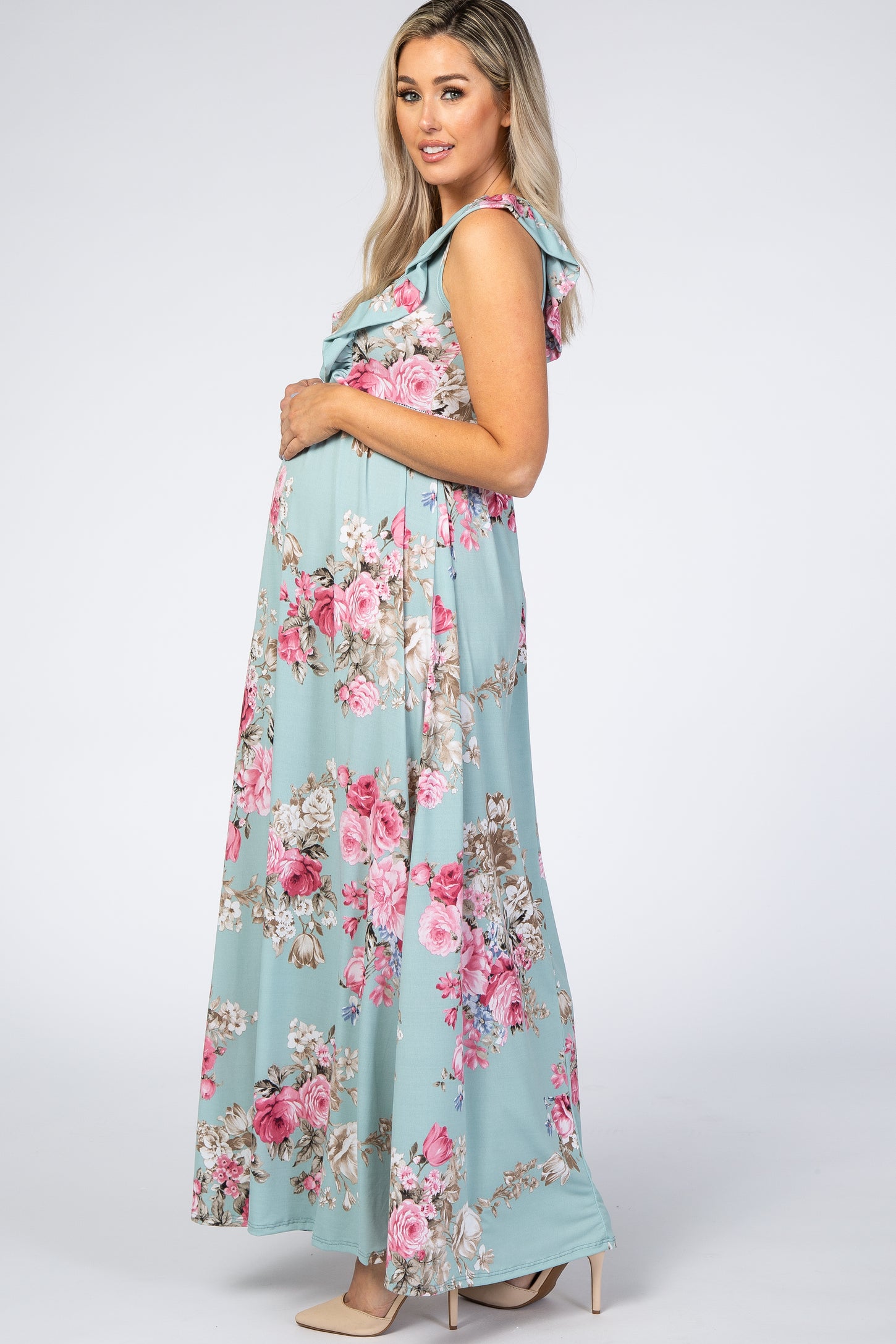 Light Olive Floral Ruffle Accent Maternity Maxi Dress– PinkBlush