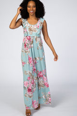 Light Olive Floral Ruffle Accent Maxi Dress