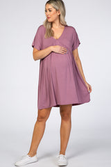 Mauve V-Neck Dolman Maternity Dress