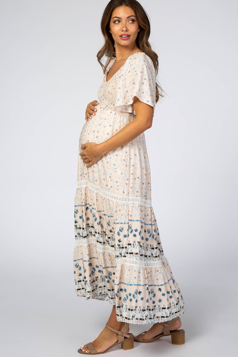 Cream Printed Smocked Maternity Midi Dress– PinkBlush
