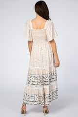 Cream Printed Smocked Midi Dress