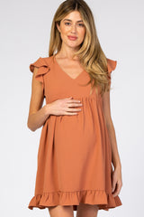 Rust Ruffle Hem V-Neck Maternity Dress