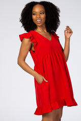 Red Ruffle Hem V-Neck Dress
