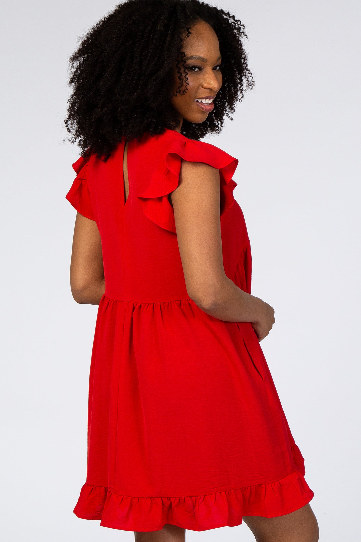 Red Ruffle Hem V-Neck Dress