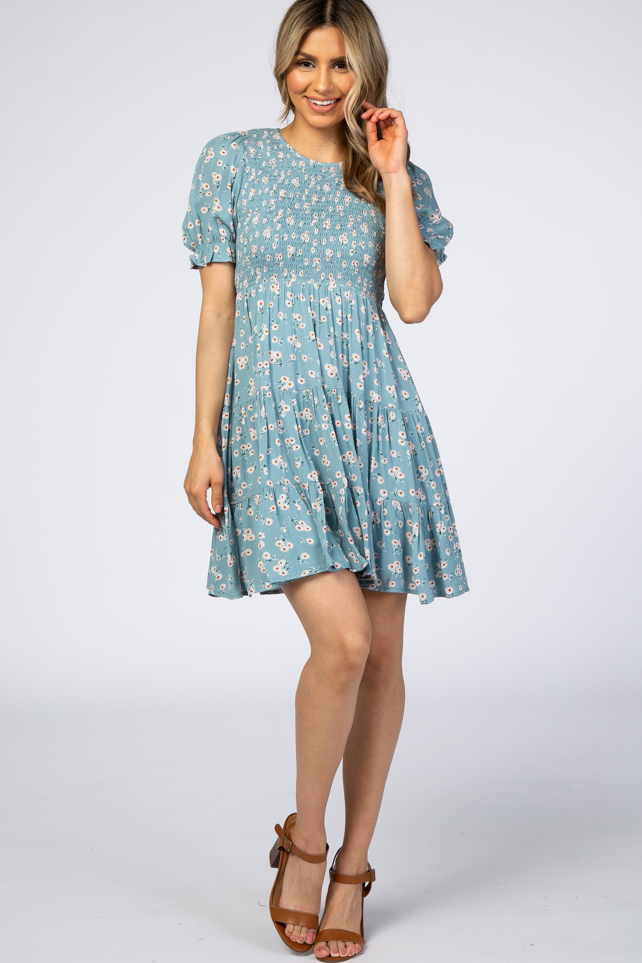 Blue Floral Smocked Tiered Maternity Mini Dress– PinkBlush