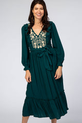 Emerald Floral Embroidered Ruffled Midi Dress