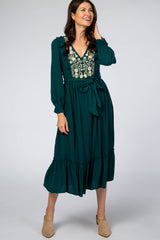 Emerald Floral Embroidered Ruffled Maternity Midi Dress