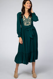 Emerald Floral Embroidered Ruffled Midi Dress