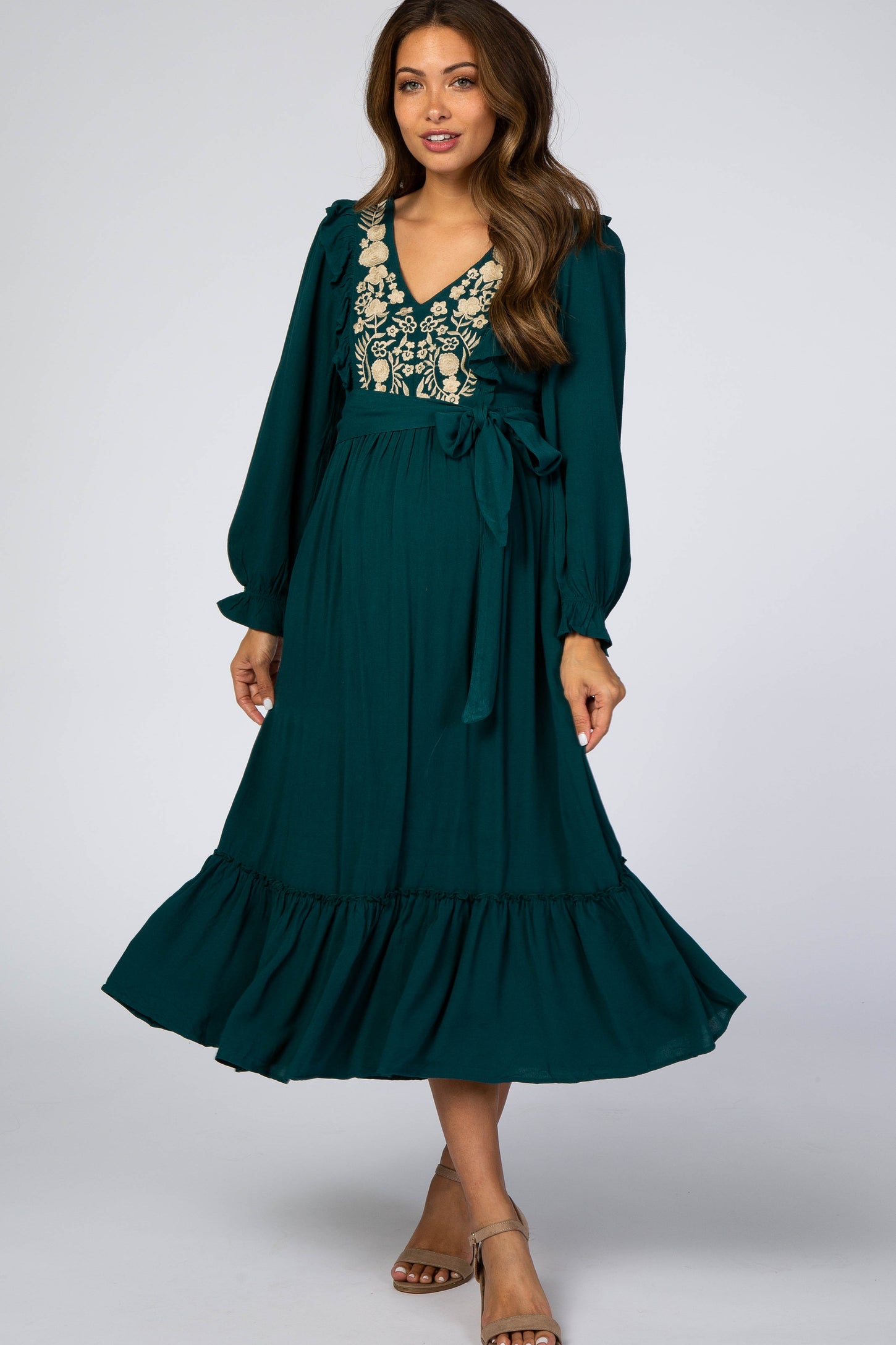 Emerald Floral Embroidered Ruffled Maternity Midi Dress– PinkBlush
