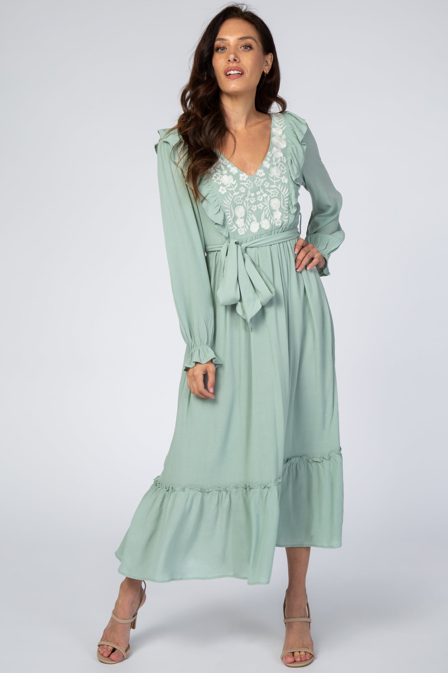 Mint Floral Embroidered Ruffled Midi Dress