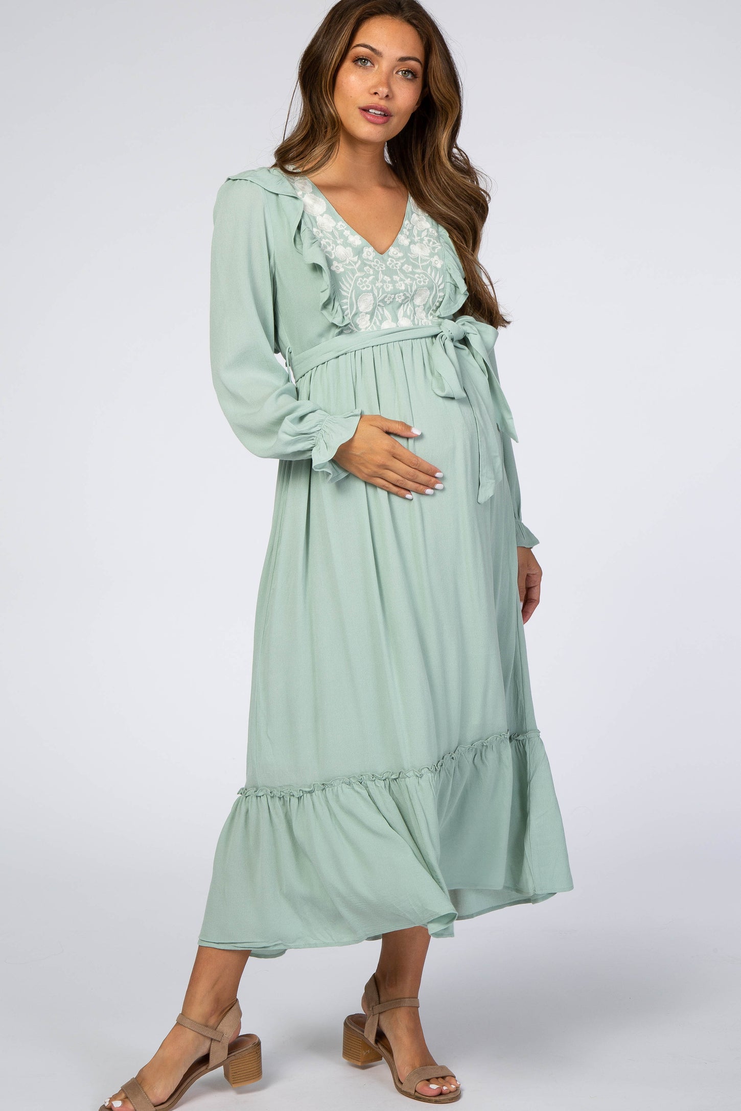 Mint Floral Embroidered Ruffled Maternity Midi Dress– PinkBlush