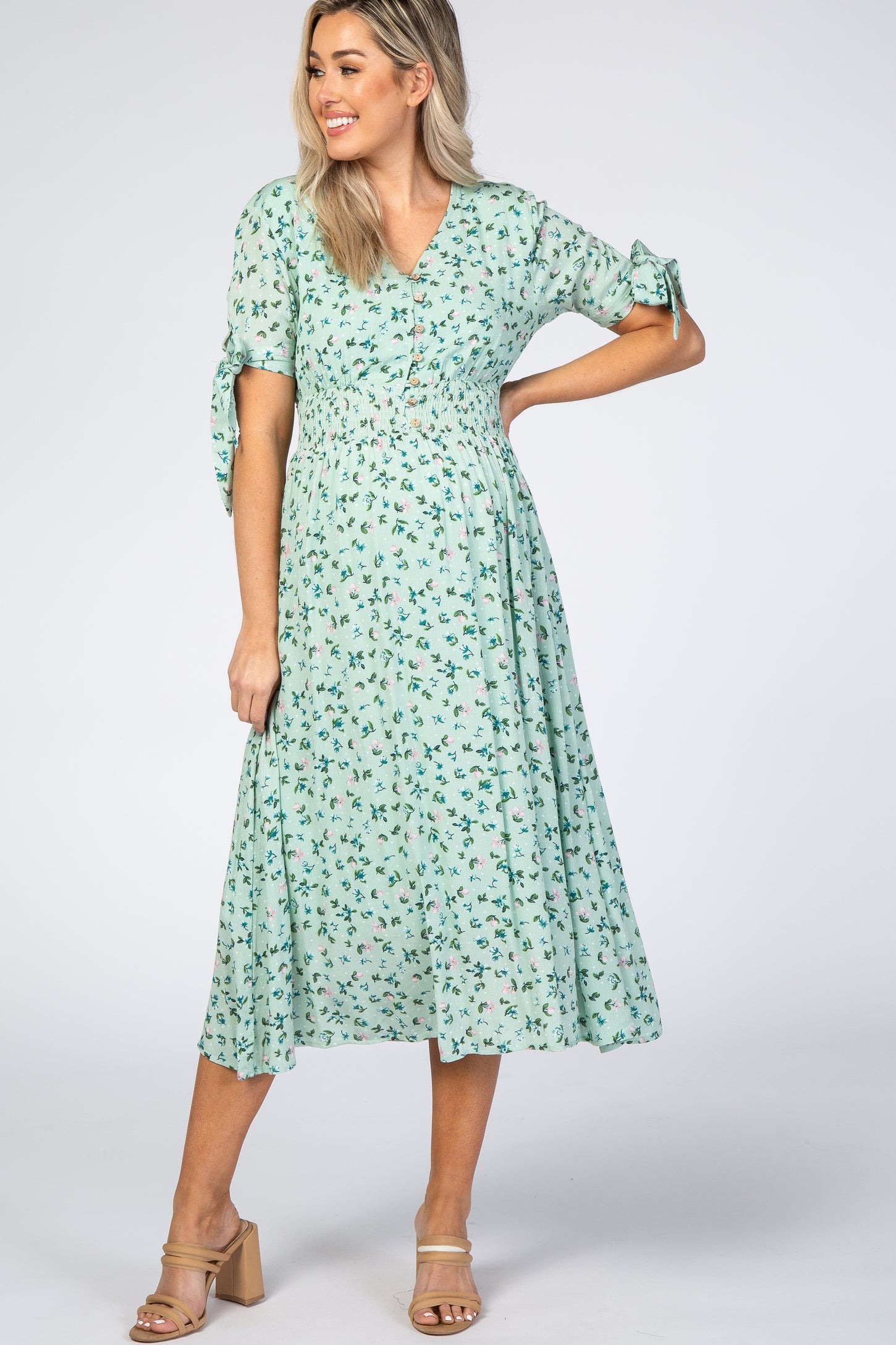 Mint Green Floral Tie Sleeve Maternity Midi Dress