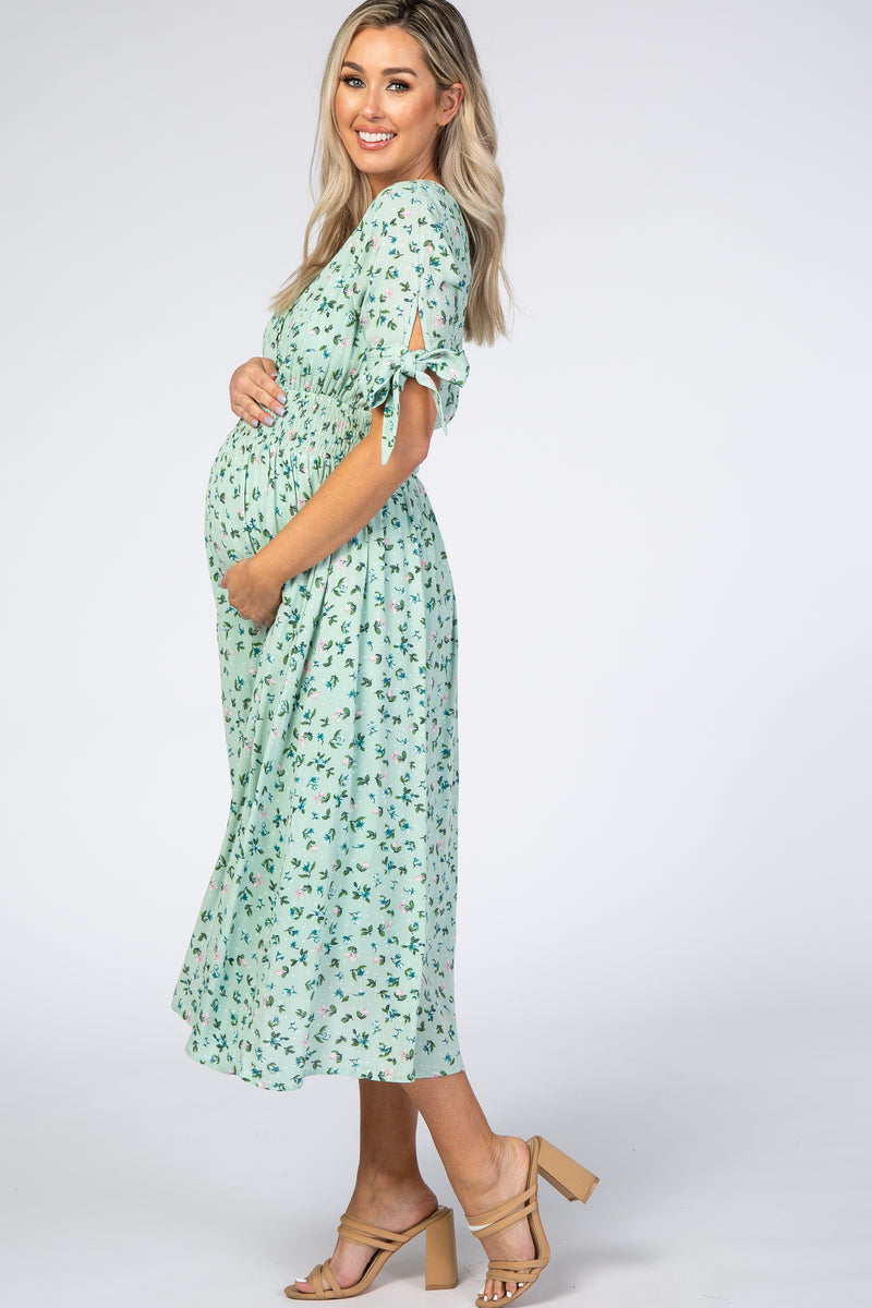 Mint Green Floral Tie Sleeve Maternity Midi Dress – PinkBlush
