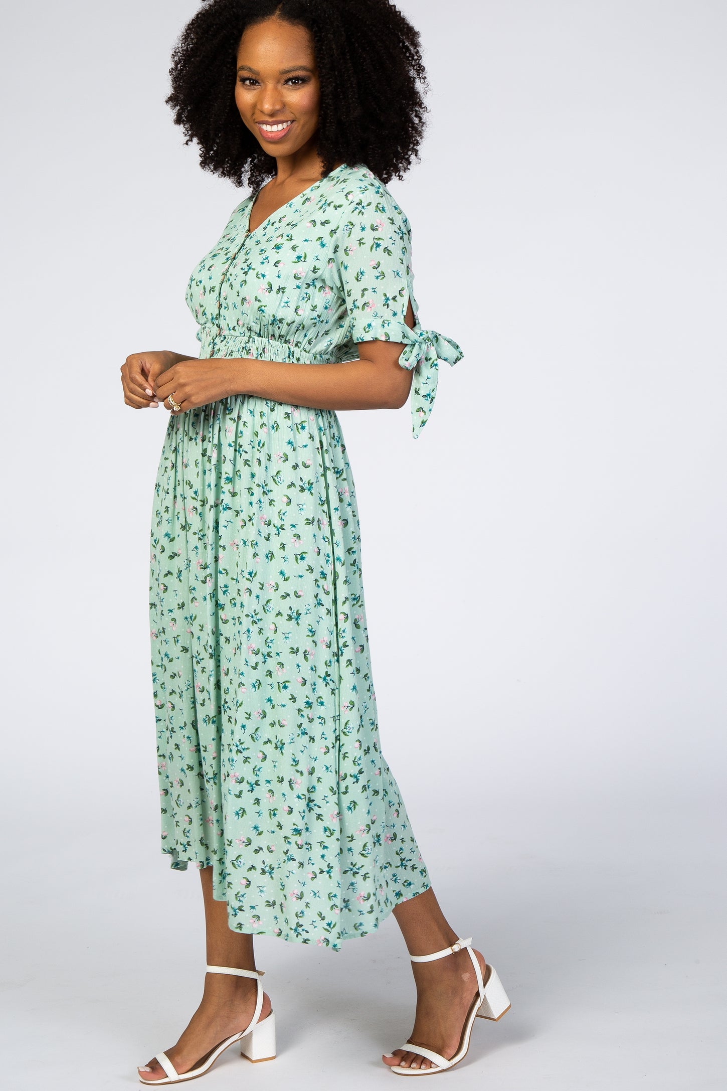 Mint Green Floral Tie Sleeve Midi Dress PinkBlush Mint Green Floral Tie Sleeve Midi Dress PinkBlush