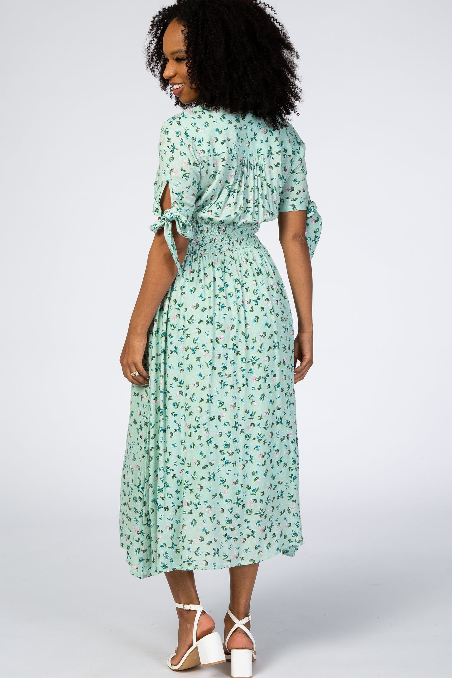 Mint Green Floral Tie Sleeve Midi Dress PinkBlush Mint Green Floral Tie Sleeve Midi Dress PinkBlush