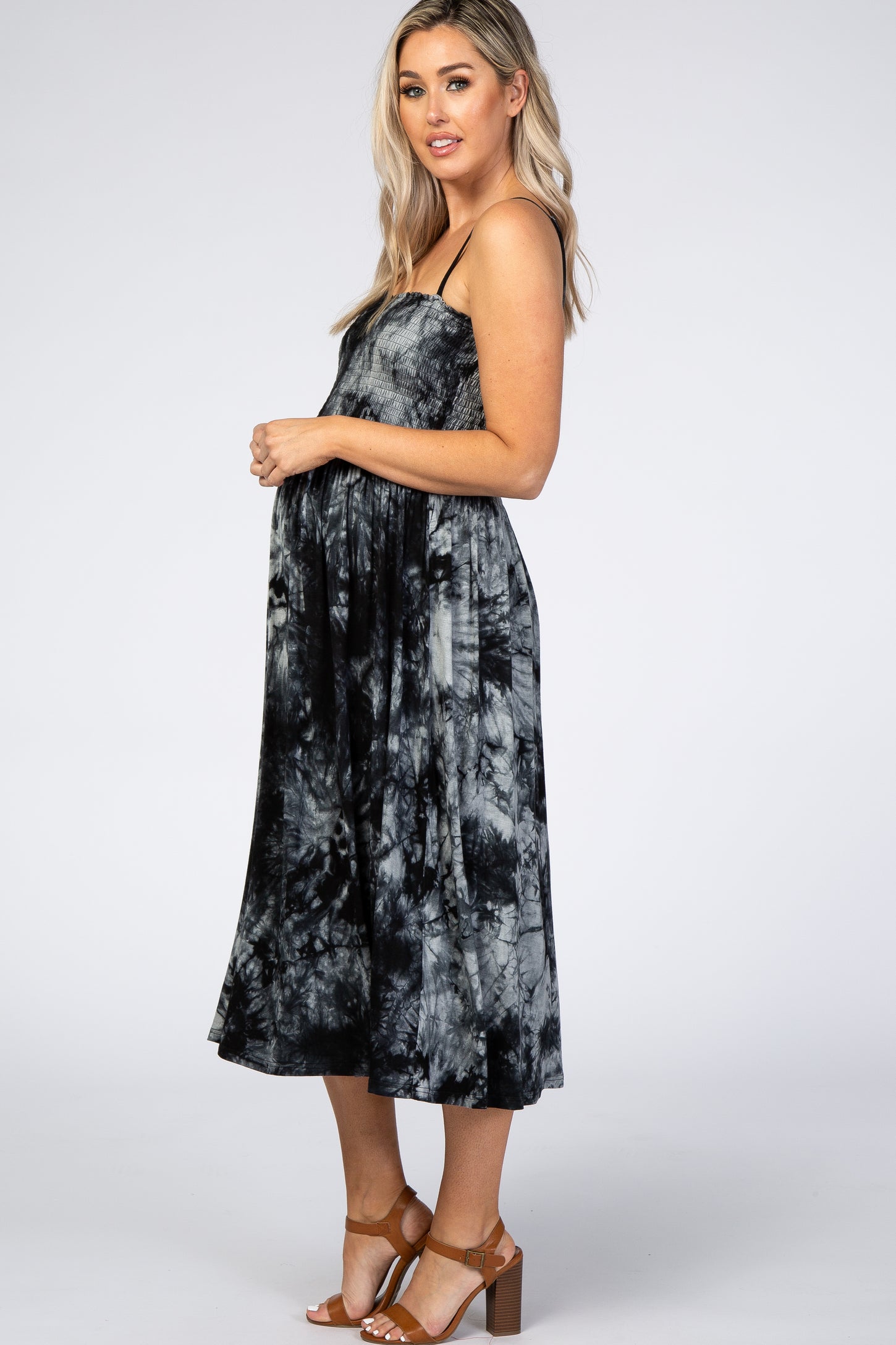 Charcoal Black Tie Dye Smocked Maternity Midi Dress